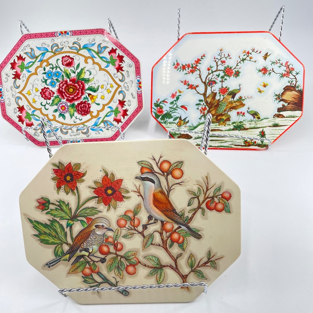 Vtg Octagon Wall Plaque x3 Birds Floral Chinoiserie Asian Decor Metal Laminate
